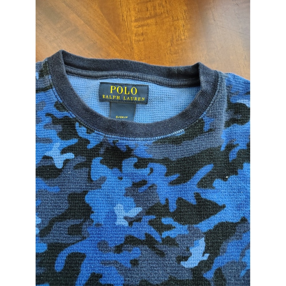 Polo Ralph Lauren Mens Blue Camouflage Waffle Knit Thermal Long Sleeve Shirt S